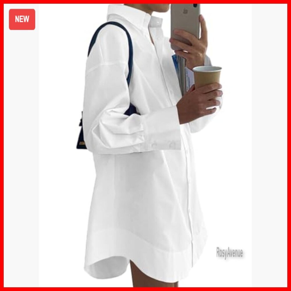 Women's Casual Shirt Dress Long Sleeve Button Down Mini A-Line - Picture 2 of 7